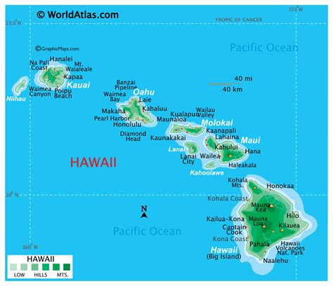 Hawaiian islands on world map - Map shows the Pacific Ocean and locations of countries, islands, island nations, and atolls.